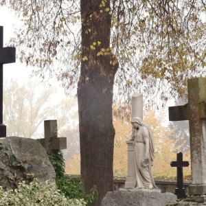 Historische Grabkreuze im Herbst